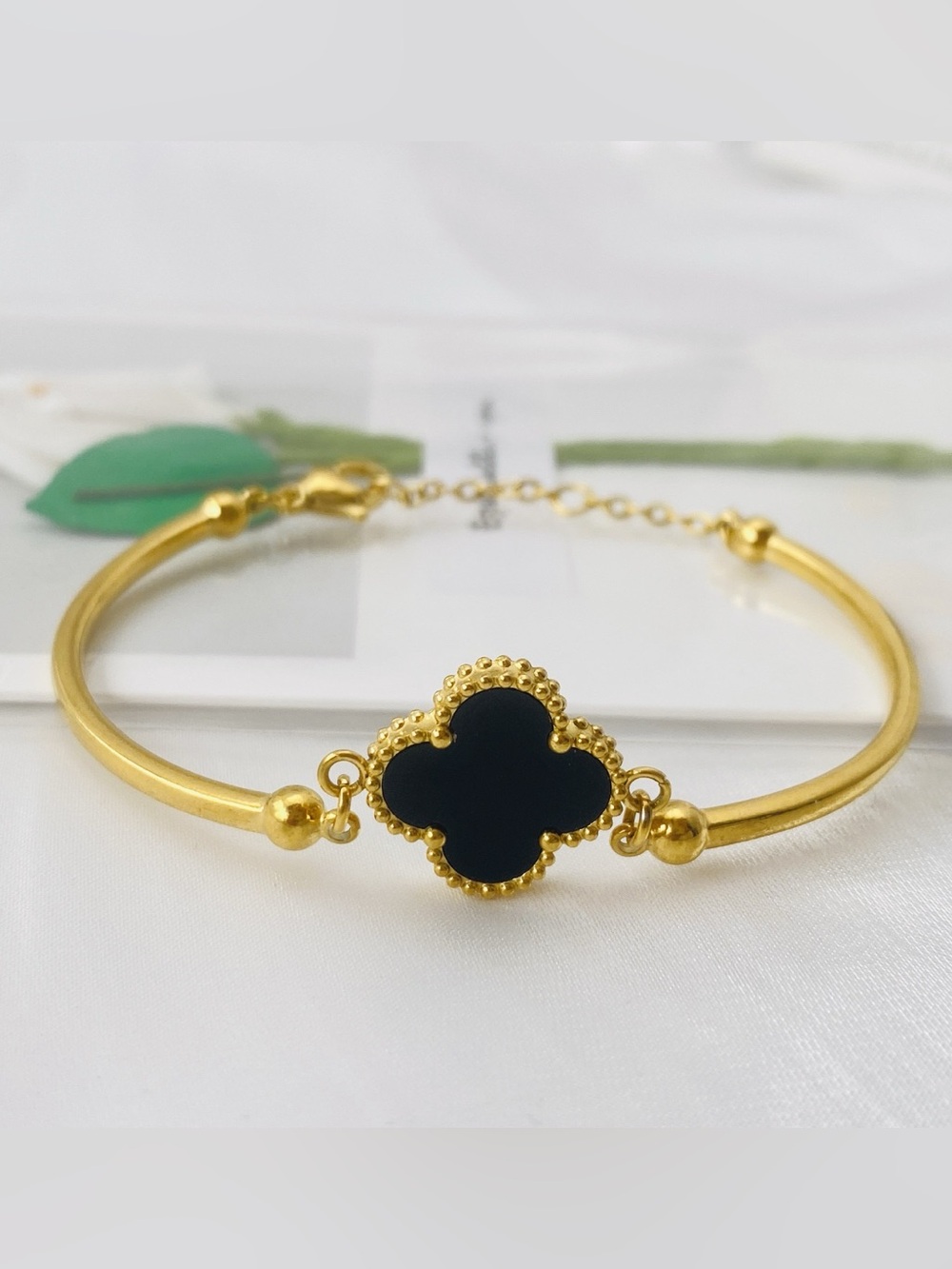 Gold Bracelet with Black Clover Pendant - Women Jewelry